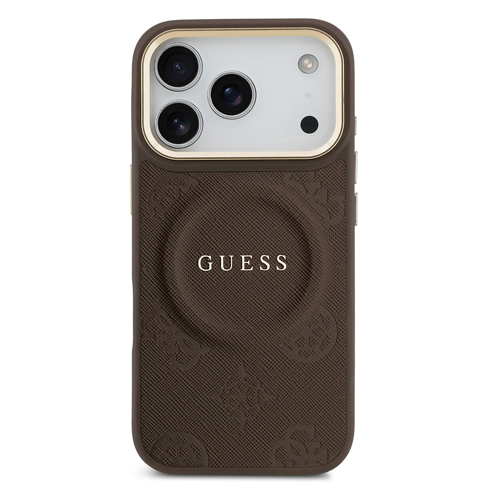 Apple iPhone 17 Pro Kılıf Guess Orjinal Lisanslı M-safe Şarj Özellikli Sıcak Baskılı Yazı Logolu PU Deri Peony Kapak