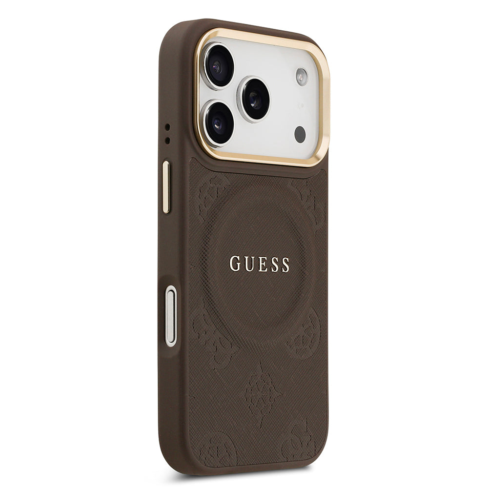 Apple iPhone 17 Pro Kılıf Guess Orjinal Lisanslı M-safe Şarj Özellikli Sıcak Baskılı Yazı Logolu PU Deri Peony Kapak