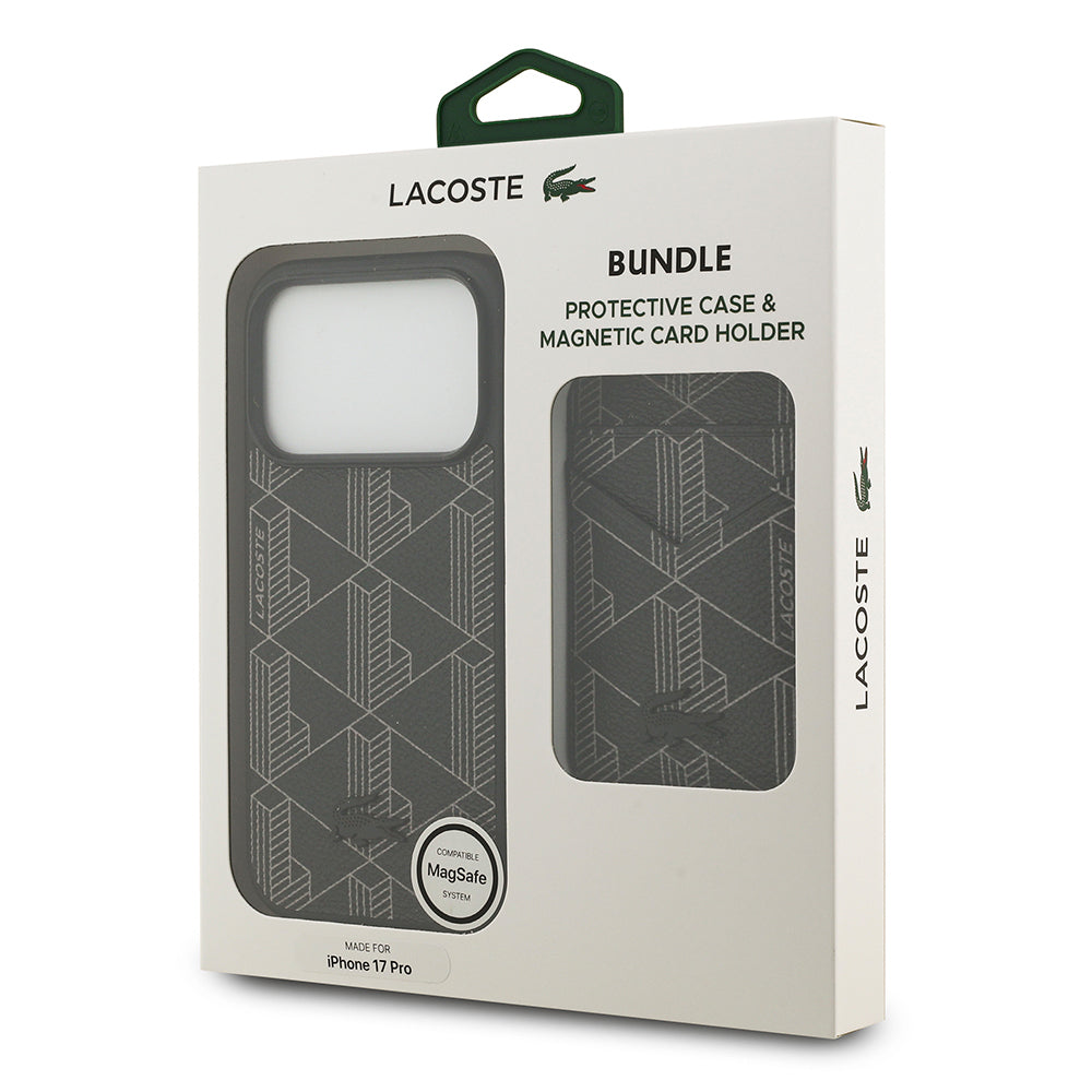 Apple iPhone 17 Pro Kılıf Lacoste Orjinal Lisanslı M-safe Şarj Özellikli PU Deri Tasarımlı Kartlıklı Karışık Monogram Desenli Kapak
