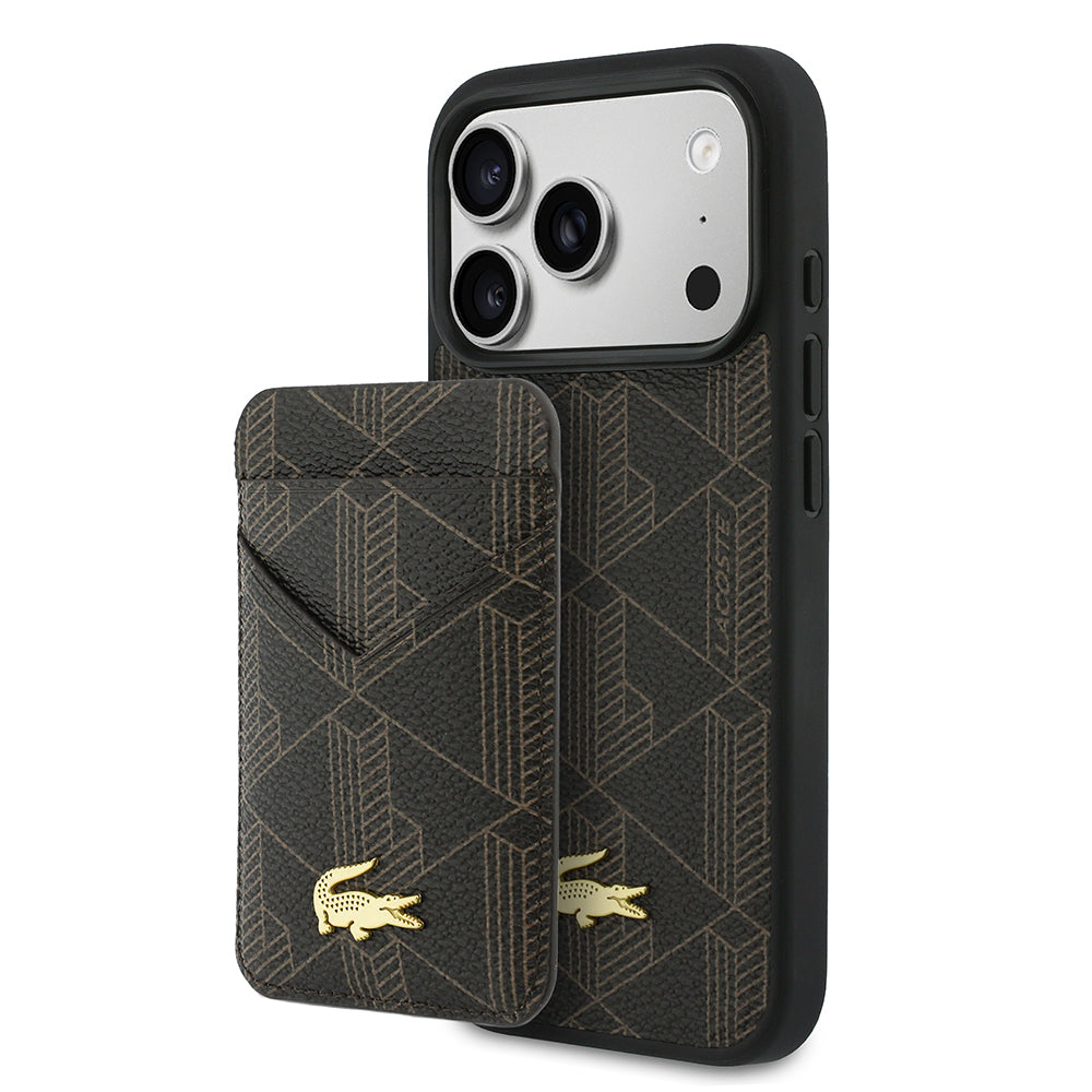 Apple iPhone 17 Pro Kılıf Lacoste Orjinal Lisanslı M-safe Şarj Özellikli PU Deri Tasarımlı Kartlıklı Karışık Monogram Desenli Kapak