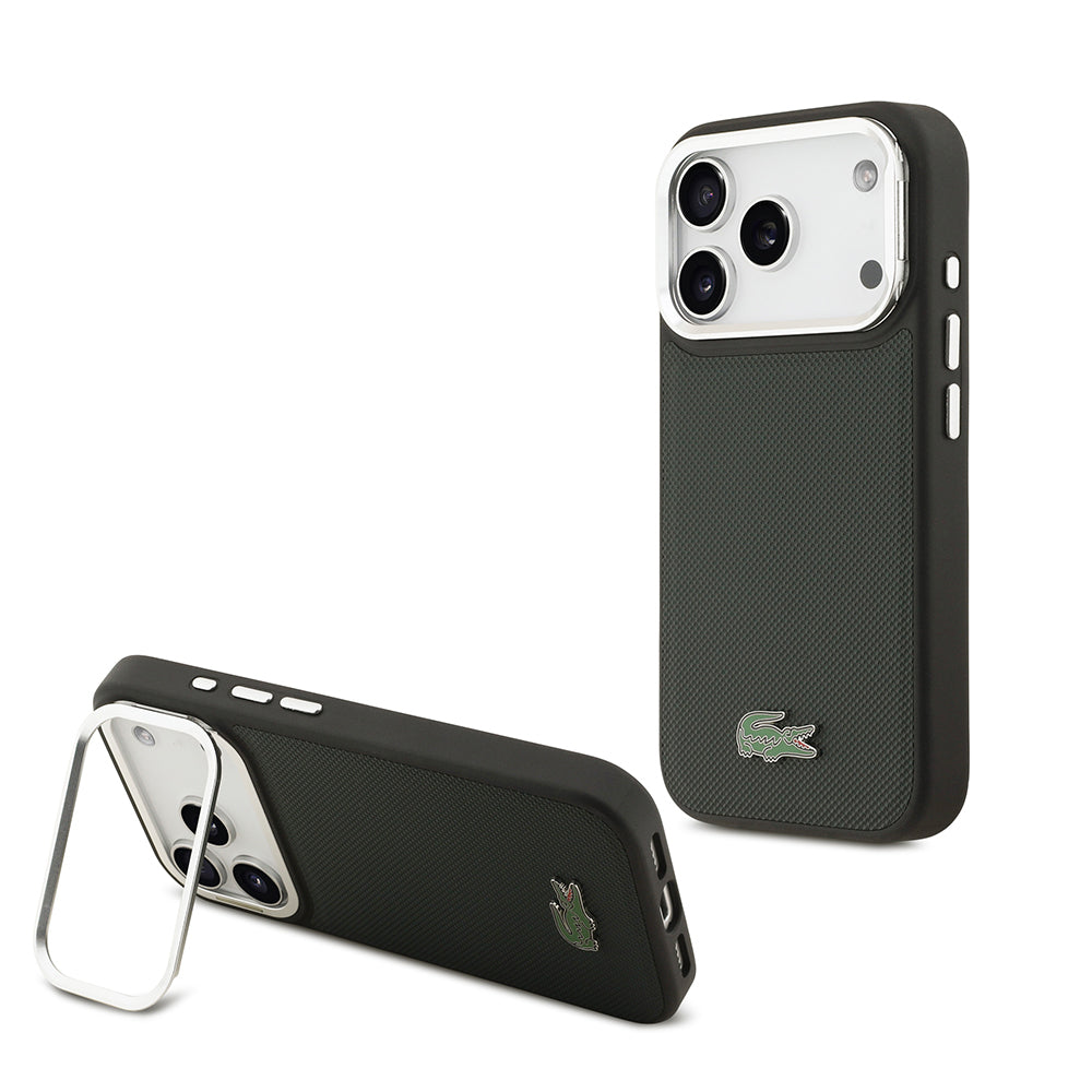 Apple iPhone 17 Pro Kılıf Lacoste Orjinal Lisanslı M-safe Şarj Özellikli PU Pike Desenli Standlı Metal Logolu Kapak