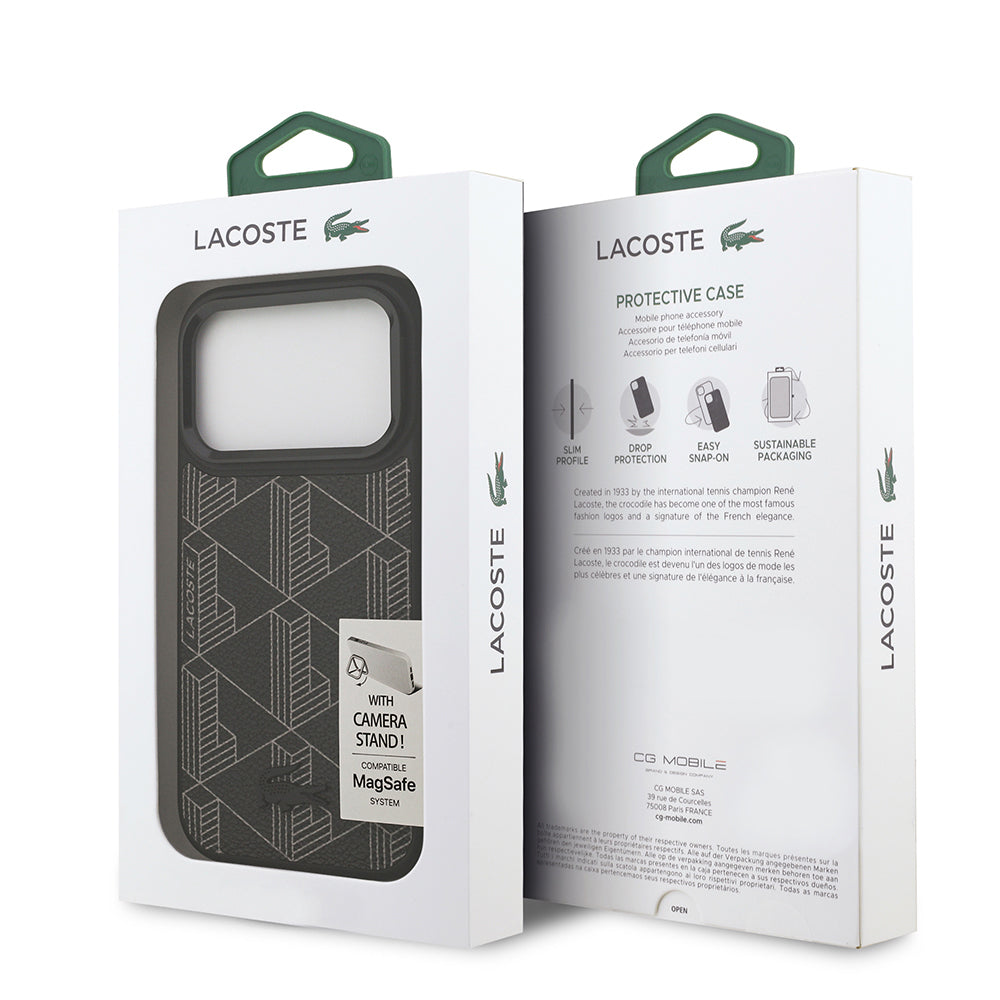 Apple iPhone 17 Pro Kılıf Lacoste Orjinal Lisanslı M-safe Şarj Özellikli Standlı PU Deri Karışık Monogram Desenli Kapak