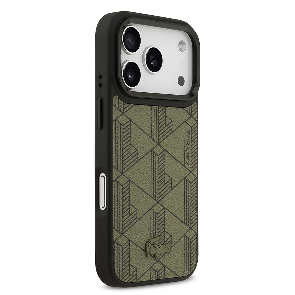 Apple iPhone 17 Pro Kılıf Lacoste Orjinal Lisanslı M-safe Şarj Özellikli Standlı PU Deri Karışık Monogram Desenli Kapak
