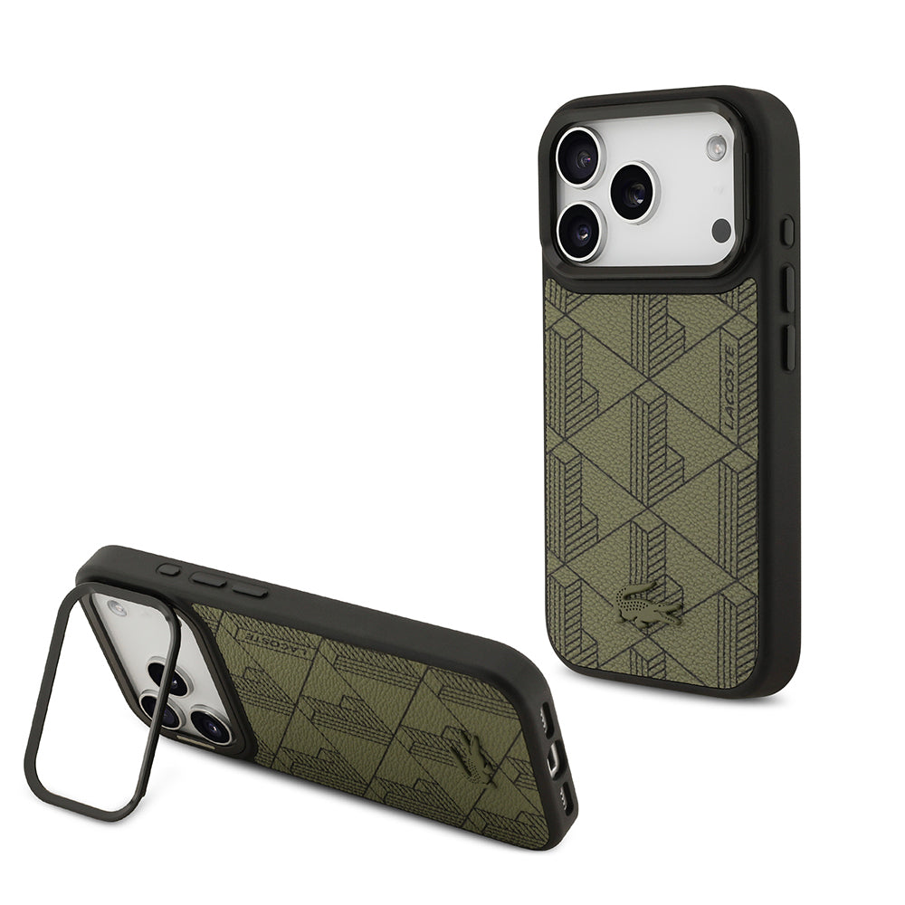 Apple iPhone 17 Pro Kılıf Lacoste Orjinal Lisanslı M-safe Şarj Özellikli Standlı PU Deri Karışık Monogram Desenli Kapak