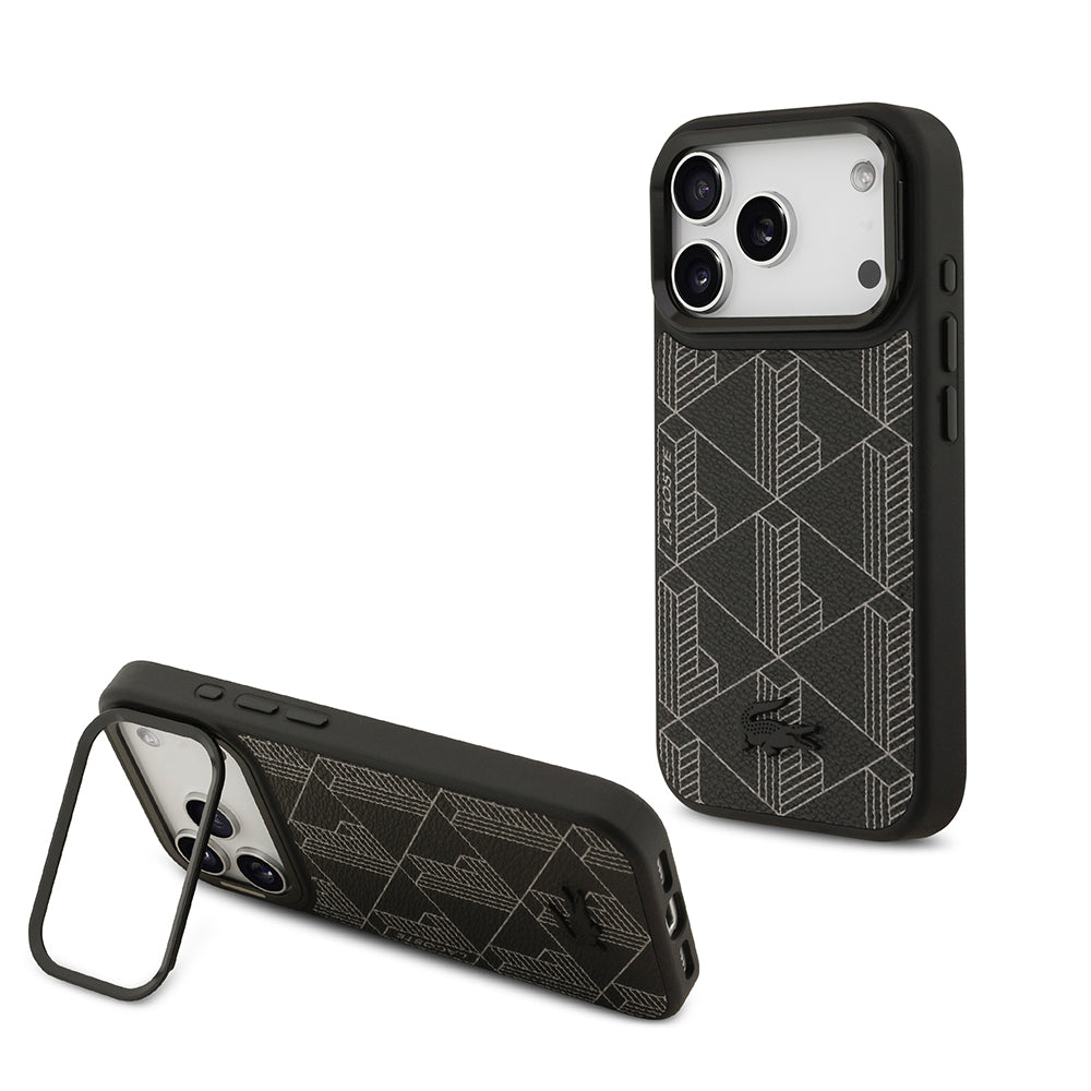 Apple iPhone 17 Pro Kılıf Lacoste Orjinal Lisanslı M-safe Şarj Özellikli Standlı PU Deri Karışık Monogram Desenli Kapak