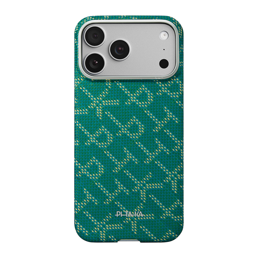 Apple iPhone 17 Pro Kılıf M-safe Şarj Özellikli Aramid Fiber Pitaka Tactile Woven Monogram Serisi Kapak Yeşil