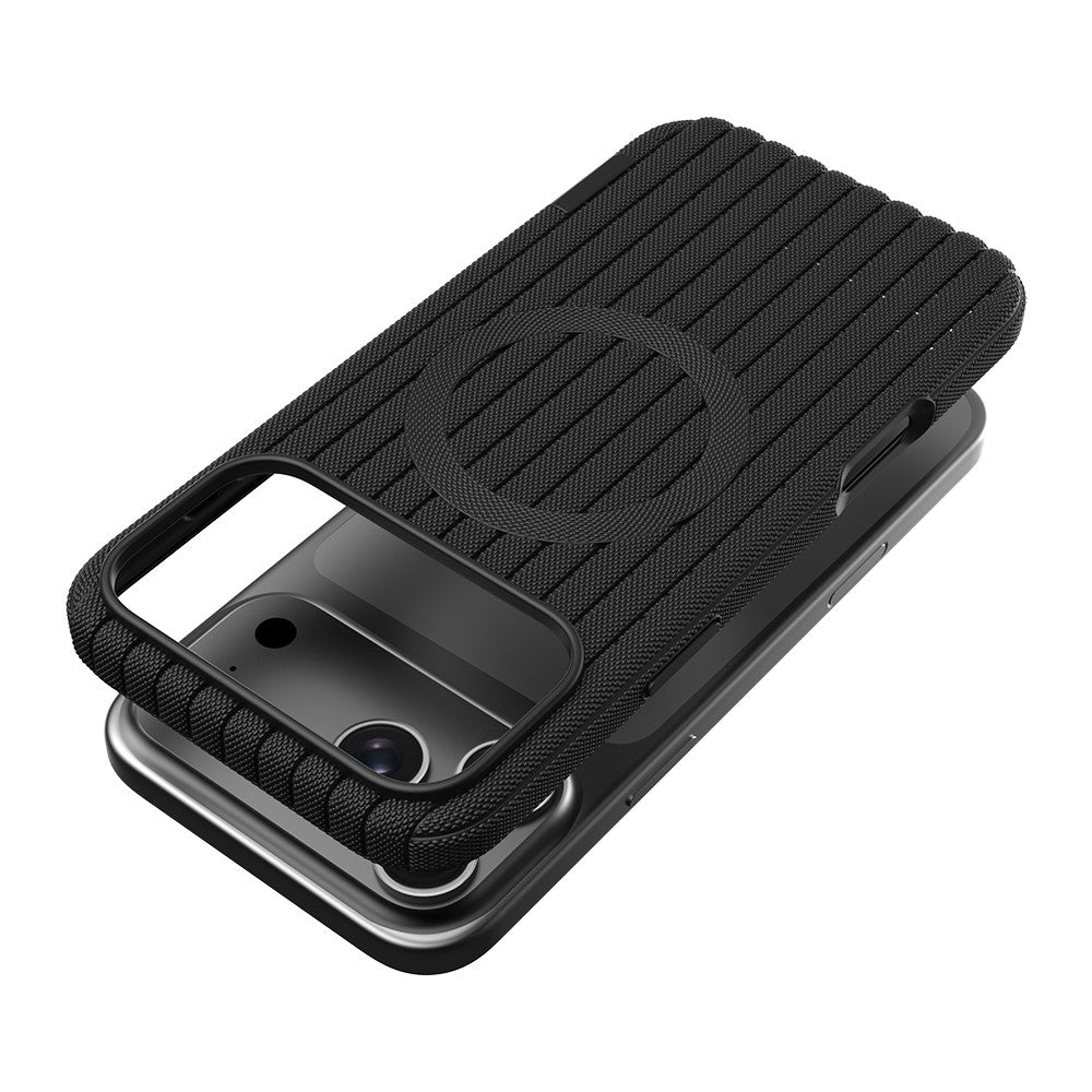 Apple iPhone 17 Pro Kılıf M-Safe Şarj Özellikli Çizgi Desenli Kumaş Dokulu Zore Paris Lorin Kapak