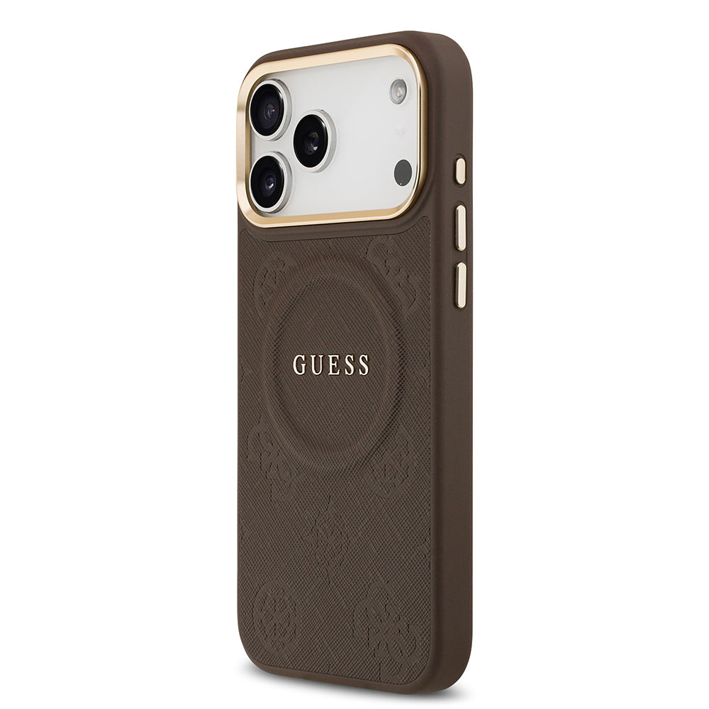 Apple iPhone 17 Pro Max Kılıf Guess Orjinal Lisanslı M-safe Şarj Özellikli Sıcak Baskılı Yazı Logolu PU Deri Peony Kapak