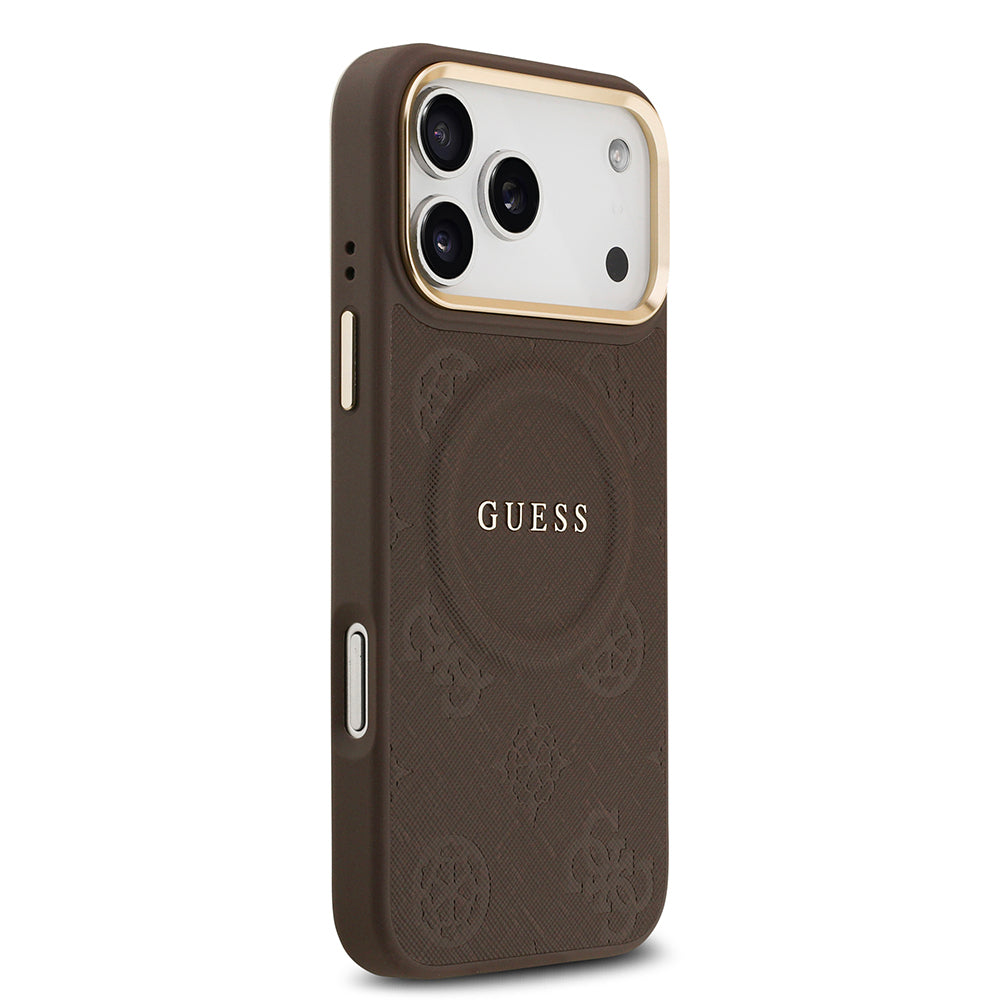 Apple iPhone 17 Pro Max Kılıf Guess Orjinal Lisanslı M-safe Şarj Özellikli Sıcak Baskılı Yazı Logolu PU Deri Peony Kapak
