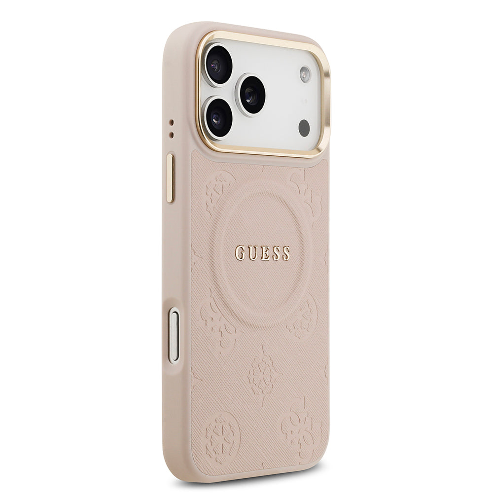 Apple iPhone 17 Pro Max Kılıf Guess Orjinal Lisanslı M-safe Şarj Özellikli Sıcak Baskılı Yazı Logolu PU Deri Peony Kapak