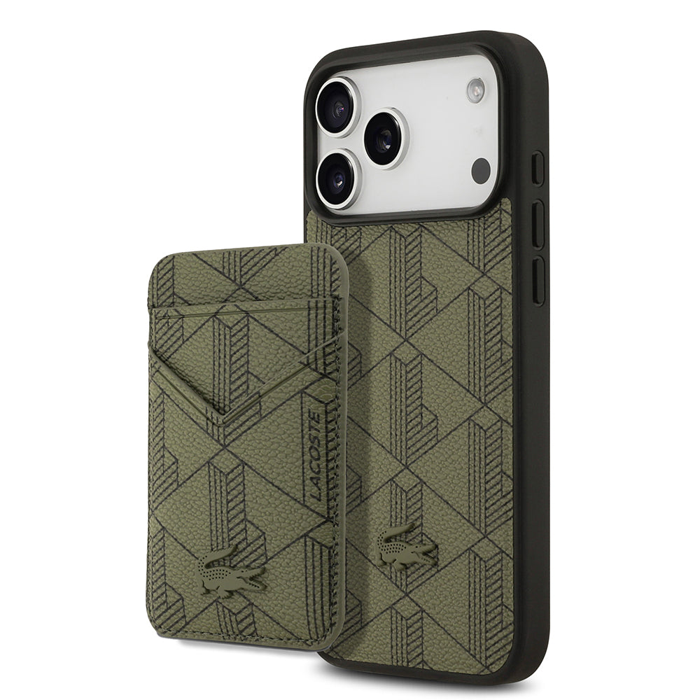 Apple iPhone 17 Pro Max Kılıf Lacoste Orjinal Lisanslı M-safe Şarj Özellikli PU Deri Tasarımlı Kartlıklı Karışık Monogram Desenli Kapak