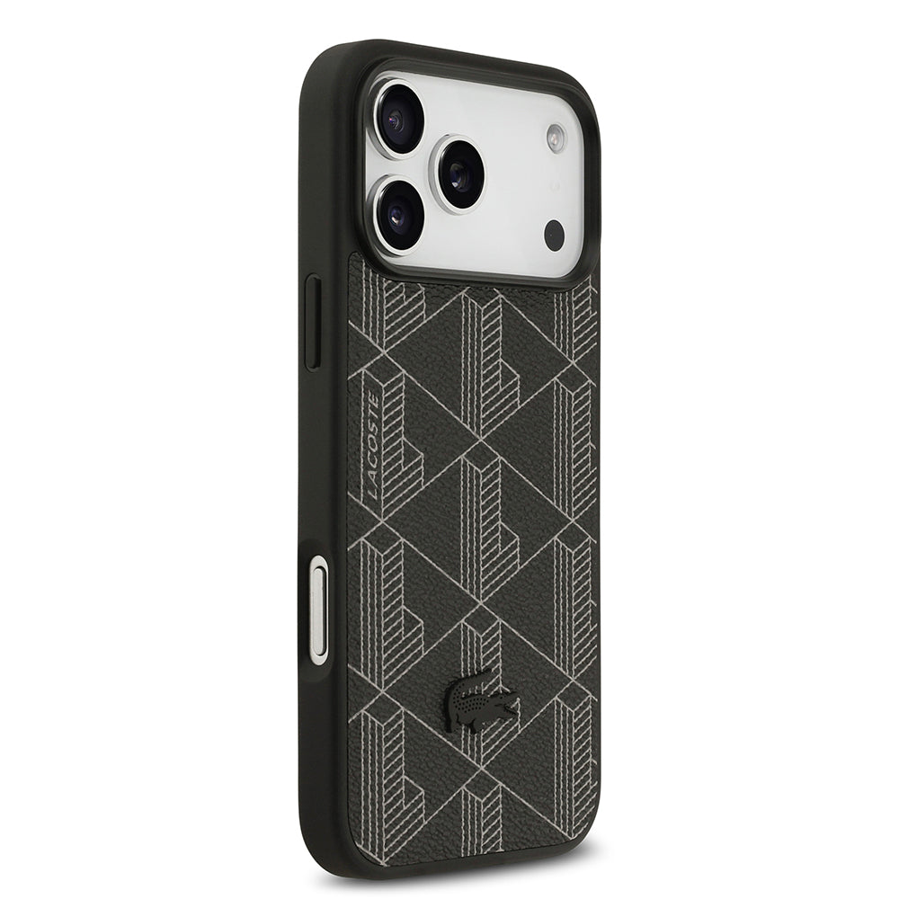 Apple iPhone 17 Pro Max Kılıf Lacoste Orjinal Lisanslı M-safe Şarj Özellikli PU Deri Tasarımlı Kartlıklı Karışık Monogram Desenli Kapak