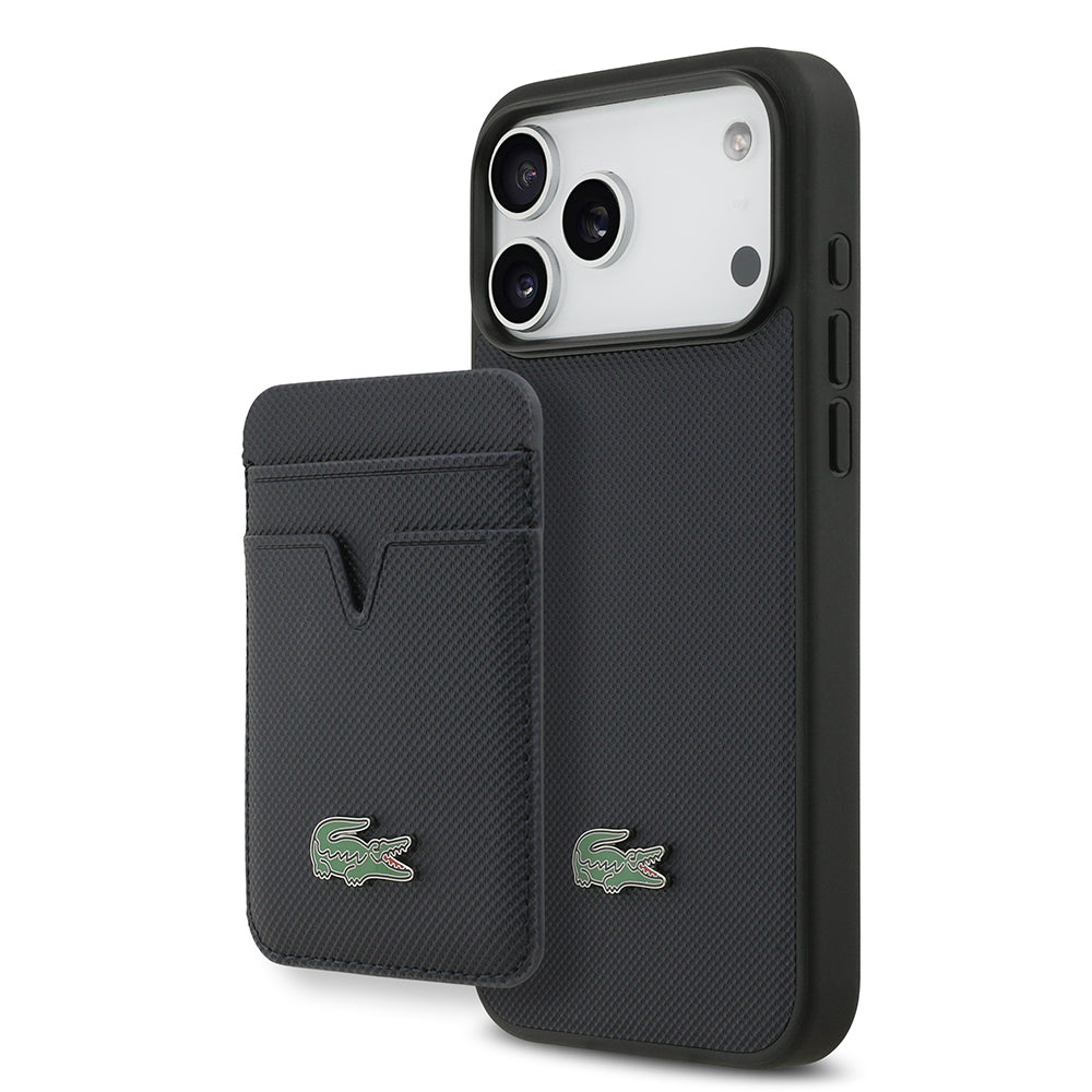 Apple iPhone 17 Pro Max Kılıf Lacoste Orjinal Lisanslı M-safe Şarj Özellikli PU Pike Desenli Metal Logolu Kartlıklı Kapak