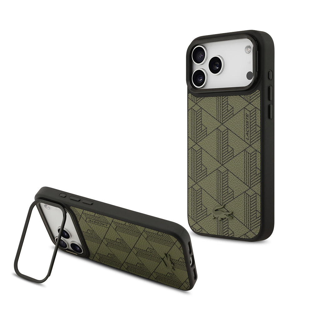 Apple iPhone 17 Pro Max Kılıf Lacoste Orjinal Lisanslı M-safe Şarj Özellikli Standlı PU Deri Karışık Monogram Desenli Kapak