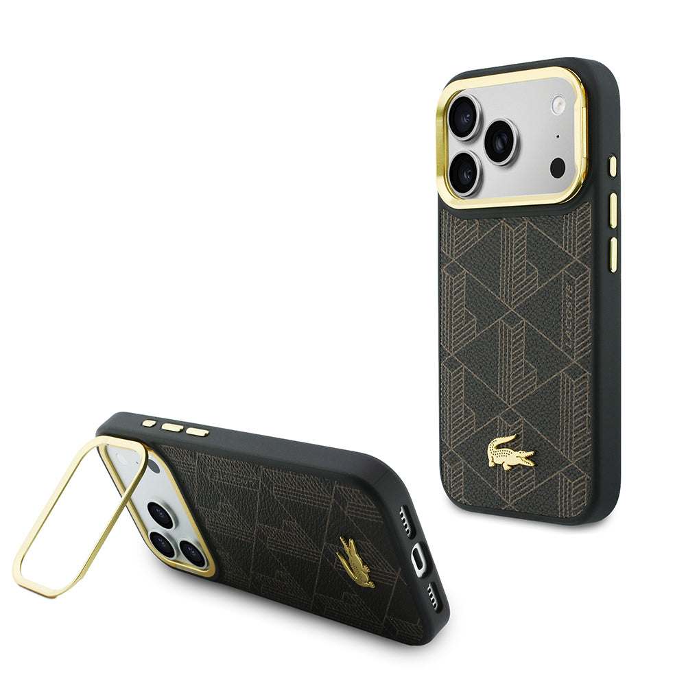 Apple iPhone 17 Pro Max Kılıf Lacoste Orjinal Lisanslı M-safe Şarj Özellikli Standlı PU Deri Karışık Monogram Desenli Kapak