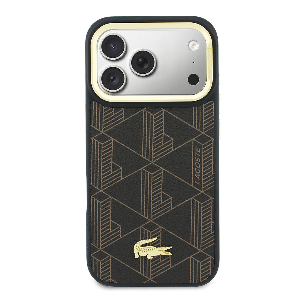 Apple iPhone 17 Pro Max Kılıf Lacoste Orjinal Lisanslı M-safe Şarj Özellikli Standlı PU Deri Karışık Monogram Desenli Kapak