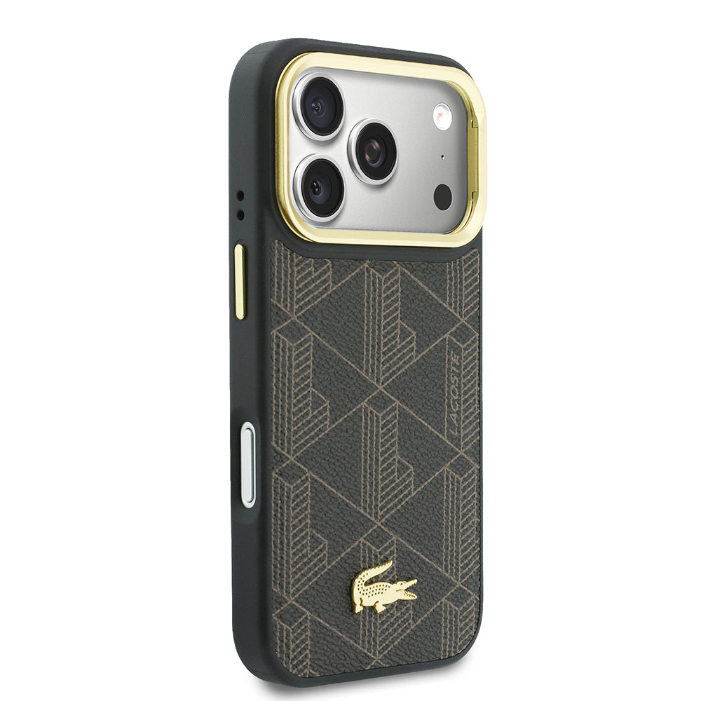 Apple iPhone 17 Pro Max Kılıf Lacoste Orjinal Lisanslı M-safe Şarj Özellikli Standlı PU Deri Karışık Monogram Desenli Kapak