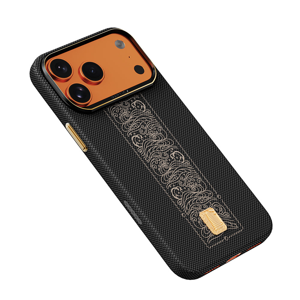Apple iPhone 17 Pro Max Kılıf M-safe Şarj Özellikli Raptic Aramid Skin Rise Serisi 24 Ayar Altın Kaplamalı Kapak