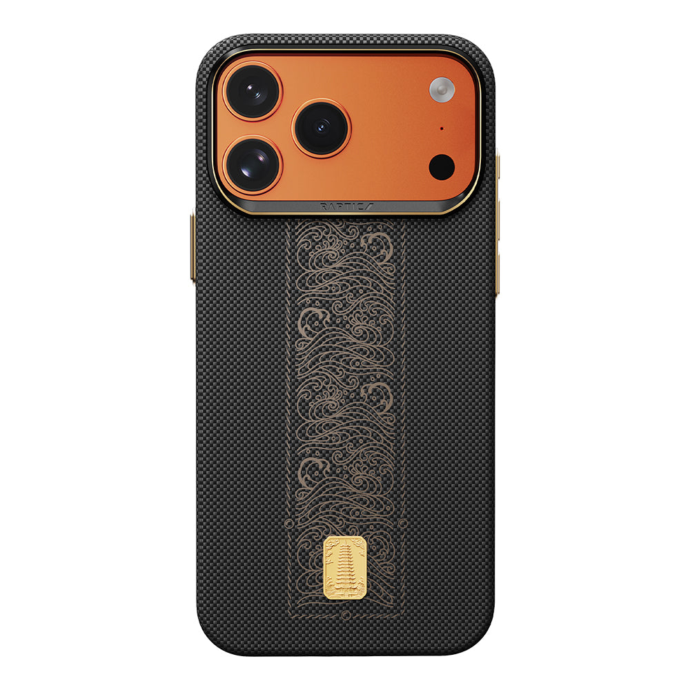 Apple iPhone 17 Pro Max Kılıf M-safe Şarj Özellikli Raptic Aramid Skin Rise Serisi 24 Ayar Altın Kaplamalı Karbon Kapak