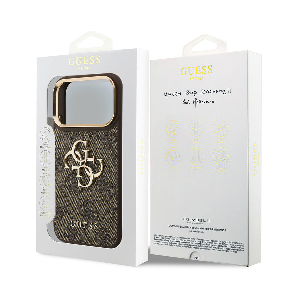 Apple iPhone 18 Pro Kılıf Guess Orjinal Lisanslı Gold Metal Kamera Çerçeveli 4G Desenli Metal Büyük 4G ve Yazı Logolu Kapak