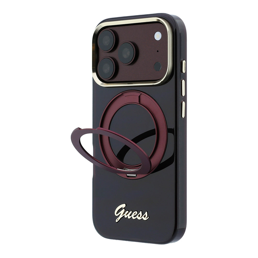 Apple iPhone 18 Pro Kılıf Guess Orjinal Lisanslı M-safe Şarj Özellikli 360 Derece Dönebilen Standlı Metal Yazı Logolu Silikon Kapak