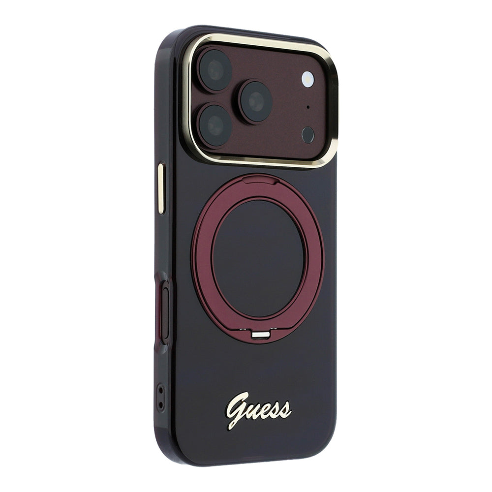 Apple iPhone 18 Pro Kılıf Guess Orjinal Lisanslı M-safe Şarj Özellikli 360 Derece Dönebilen Standlı Metal Yazı Logolu Silikon Kapak