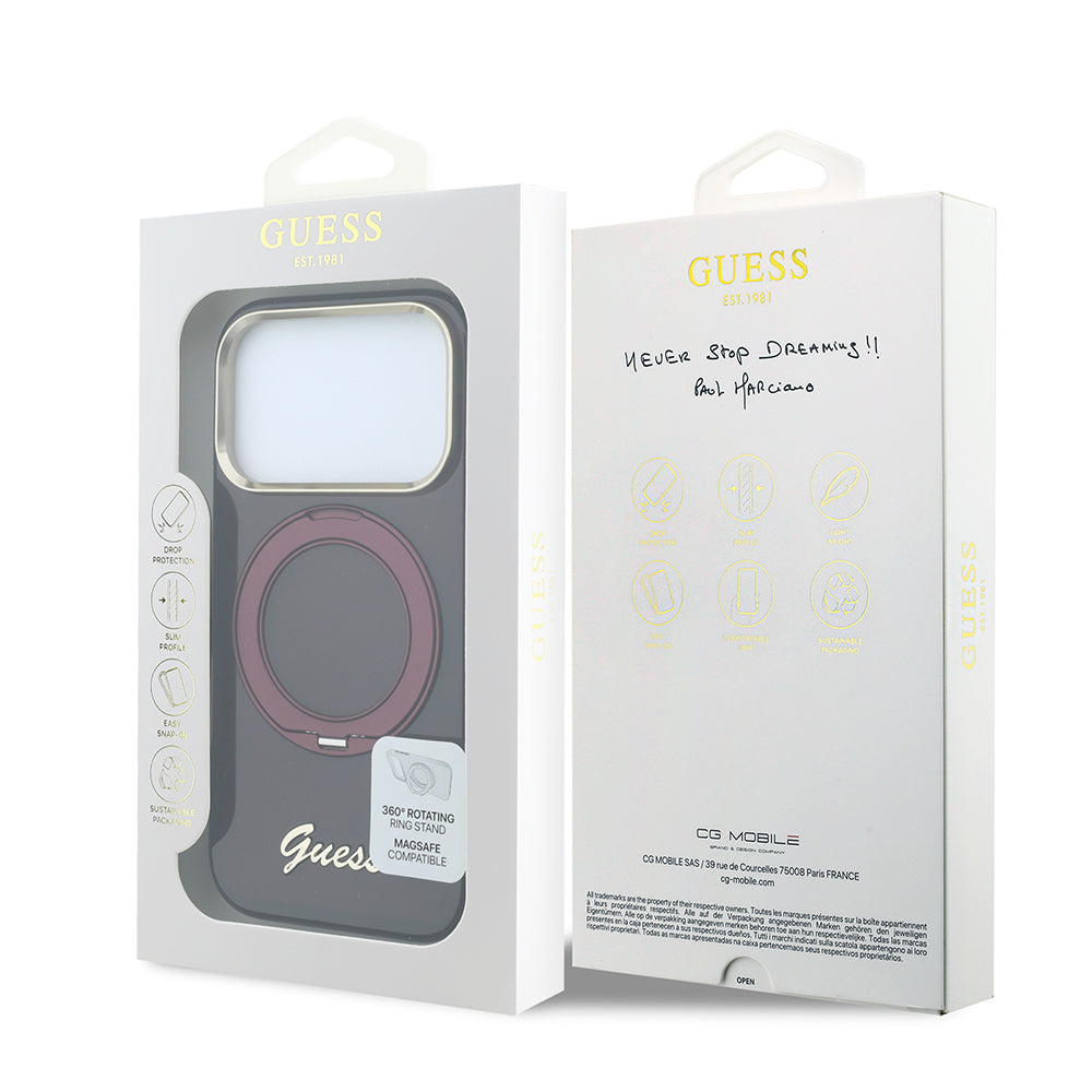 Apple iPhone 18 Pro Kılıf Guess Orjinal Lisanslı M-safe Şarj Özellikli 360 Derece Dönebilen Standlı Metal Yazı Logolu Silikon Kapak