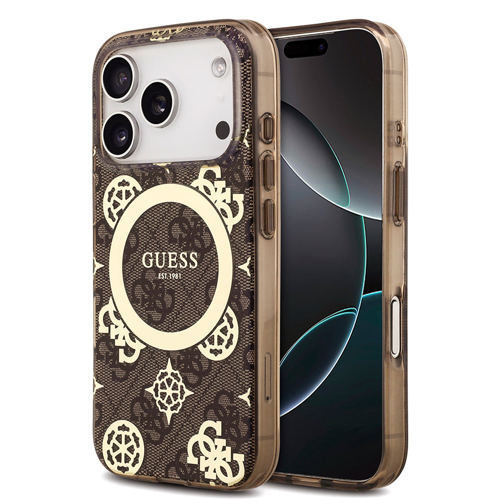Apple iPhone 18 Pro Kılıf Guess Orjinal Lisanslı M-safe Şarj Özellikli IML Peony ve 4G Desenli Klasik Logolu Kapak
