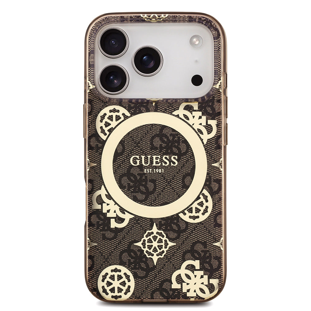 Apple iPhone 18 Pro Kılıf Guess Orjinal Lisanslı M-safe Şarj Özellikli IML Peony ve 4G Desenli Klasik Logolu Kapak
