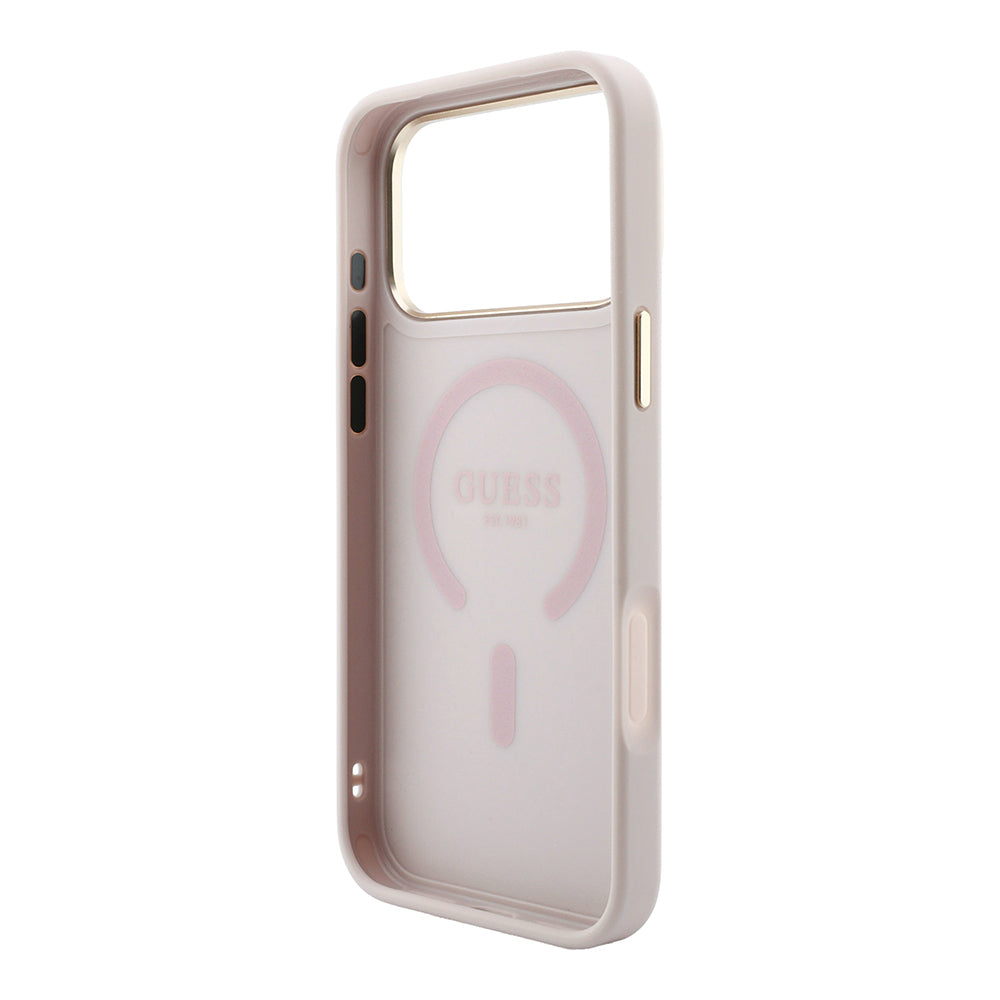 Apple iPhone 18 Pro Kılıf Guess Orjinal Lisanslı M-safe Şarj Özellikli Metal Kamera Çerçeveli C-Magnet 4G Desenli Yazı Logolu Kapak