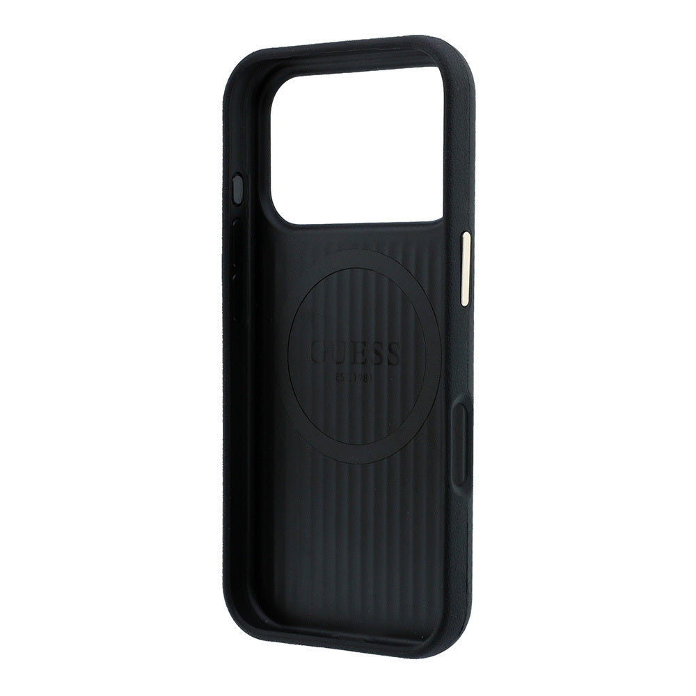 Apple iPhone 18 Pro Kılıf Guess Orjinal Lisanslı M-safe Şarj Özellikli PU Metal Üçgen Logolu Karbon Fiber Kevlar Kapak