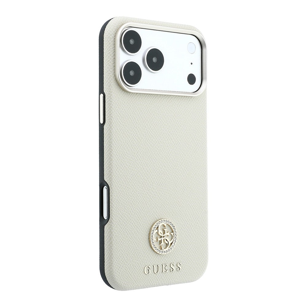 Apple iPhone 18 Pro Kılıf Guess Orjinal Lisanslı M-safe Şarj Özellikli PU Taşlı Metal 4G ve Yazı Logolu Kapak