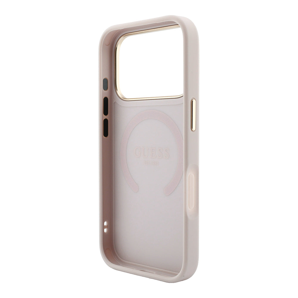 Apple iPhone 18 Pro Kılıf Guess Orjinal Lisanslı M-safe Şarj Özellikli Sıcak Baskılı Yazı Logolu C-Magnet PU Deri Peony Kapak