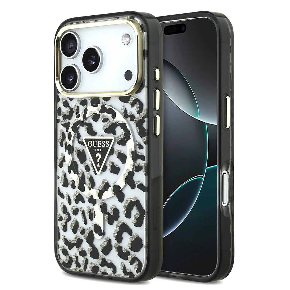 Apple iPhone 18 Pro Kılıf Guess Orjinal Lisanslı M-safe Şarj Özellikli Üçgen Logolu Simli Leopar Desenli Kapak