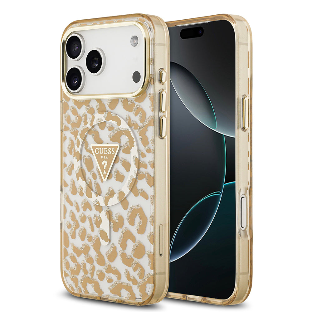 Apple iPhone 18 Pro Kılıf Guess Orjinal Lisanslı M-safe Şarj Özellikli Üçgen Logolu Simli Leopar Desenli Kapak