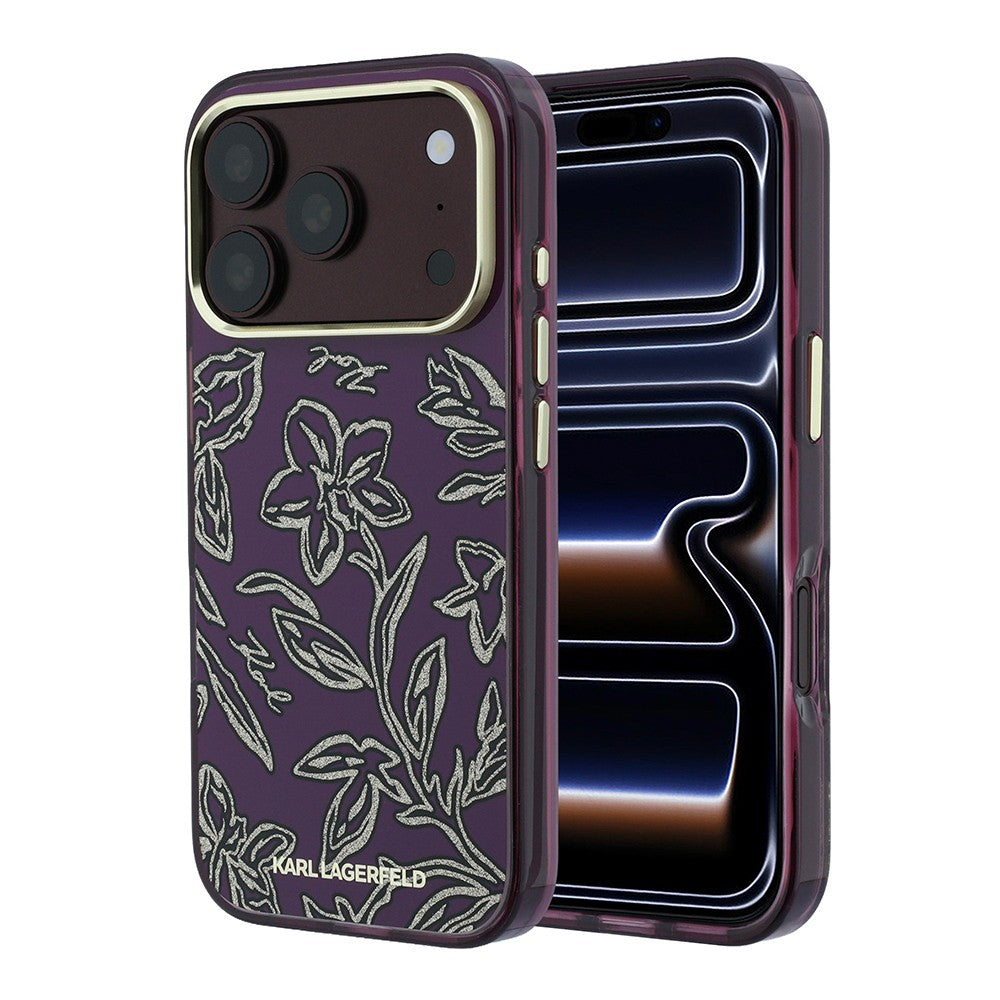 Apple iPhone 18 Pro Kılıf Karl Lagerfeld Orjinal Lisanslı M-safe Şarj Özellikli Gold Metal Kamera Çerçeveli Çiçek Tasarımlı Kapak