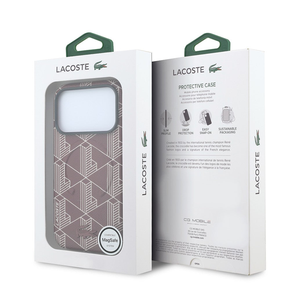 Apple iPhone 18 Pro Kılıf Lacoste Orjinal Lisanslı M-safe Şarj Özellikli Metal Logolu Deri Karışık Monogram Desenli Kapak