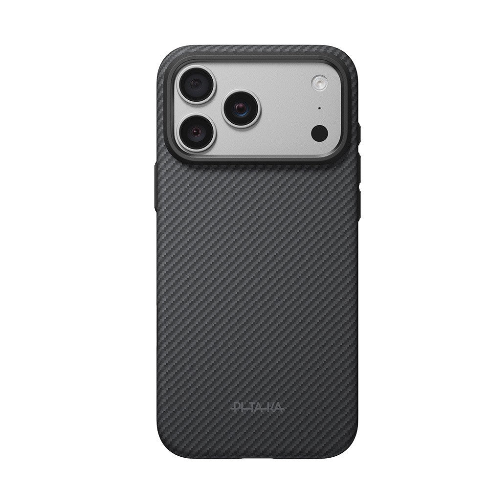 Apple iPhone 18 Pro Kılıf M-safe Şarj Özellikli Aramid Karbon Fiber Pitaka Military-Grade Classic Serisi New Logo Black-Grey Twill Kapak