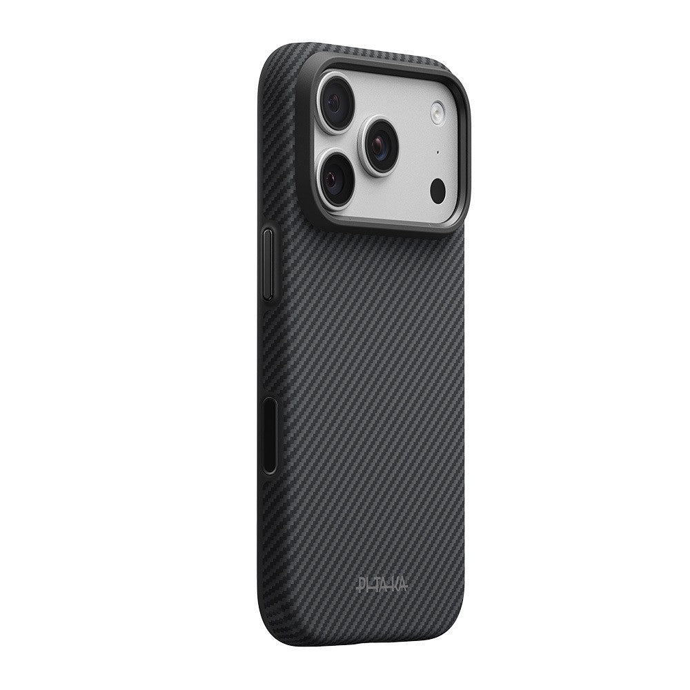Apple iPhone 18 Pro Kılıf M-safe Şarj Özellikli Aramid Karbon Fiber Pitaka Military-Grade Classic Serisi New Logo Black-Grey Twill Kapak