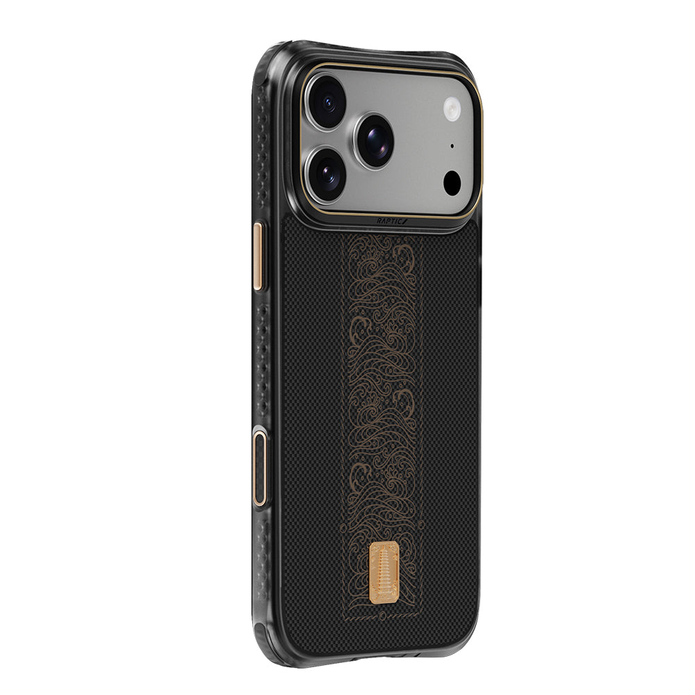 Apple iPhone 18 Pro Kılıf M-safe Şarj Özellikli Raptic Aramid Dual Rise Serisi 24 Ayar Altın Kaplamalı Karbon Kapak