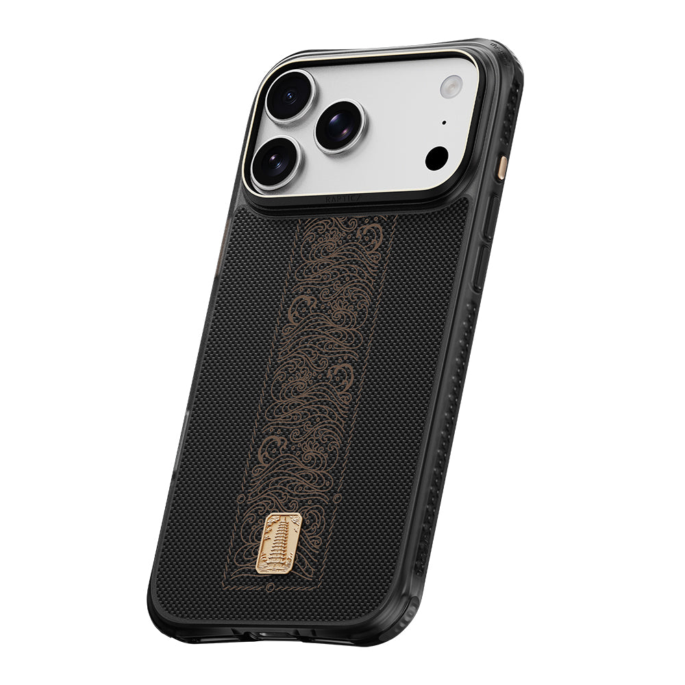 Apple iPhone 18 Pro Kılıf M-safe Şarj Özellikli Raptic Aramid Dual Rise Serisi 24 Ayar Altın Kaplamalı Karbon Kapak