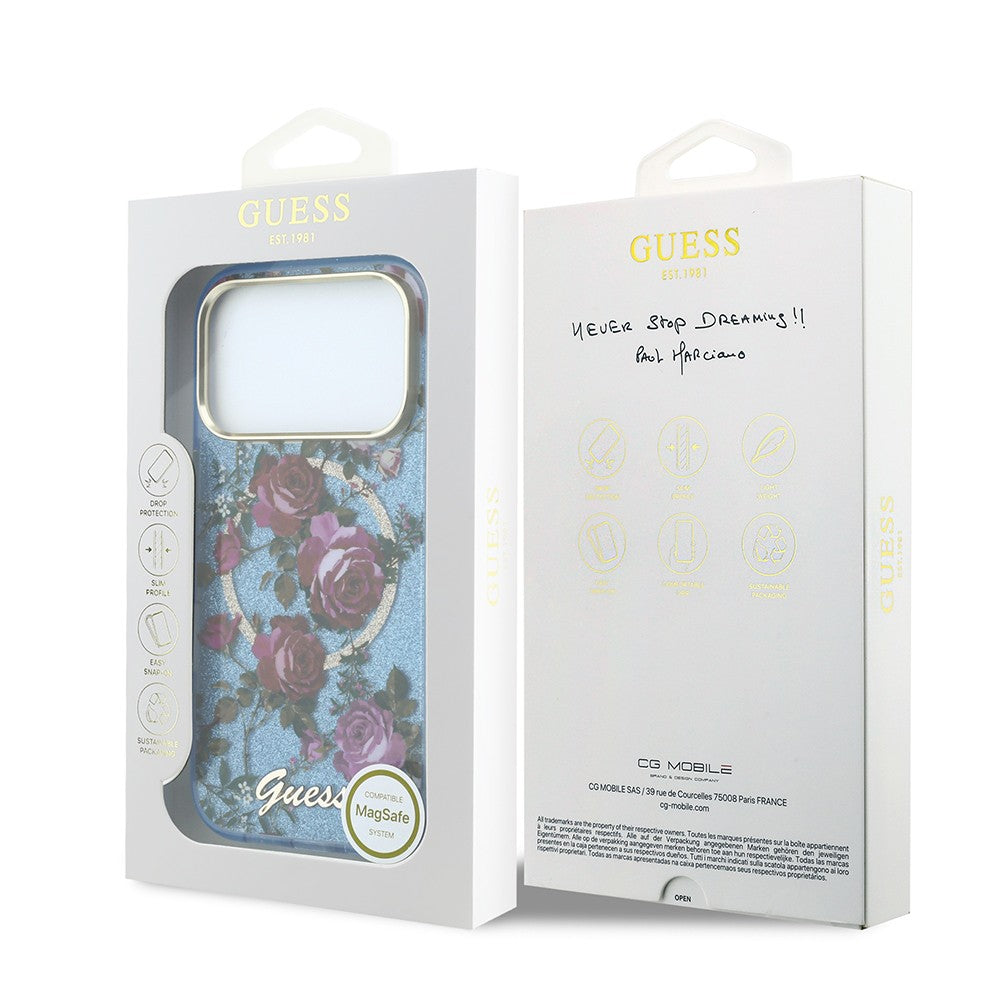 Apple iPhone 18 Pro Max Kılıf Guess Orjinal Lisanslı M-safe Şarj Özellikli Gül Desenli Simli Yazı Logolu Kapak