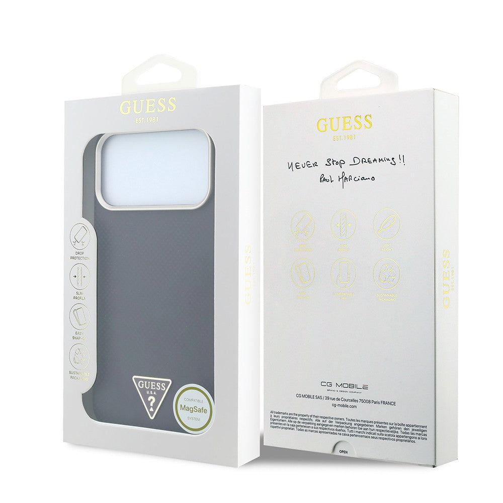 Apple iPhone 18 Pro Max Kılıf Guess Orjinal Lisanslı M-safe Şarj Özellikli PU Metal Üçgen Logolu Karbon Fiber Kevlar Kapak