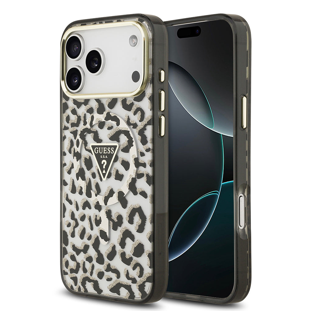 Apple iPhone 18 Pro Max Kılıf Guess Orjinal Lisanslı M-safe Şarj Özellikli Üçgen Logolu Simli Leopar Desenli Kapak