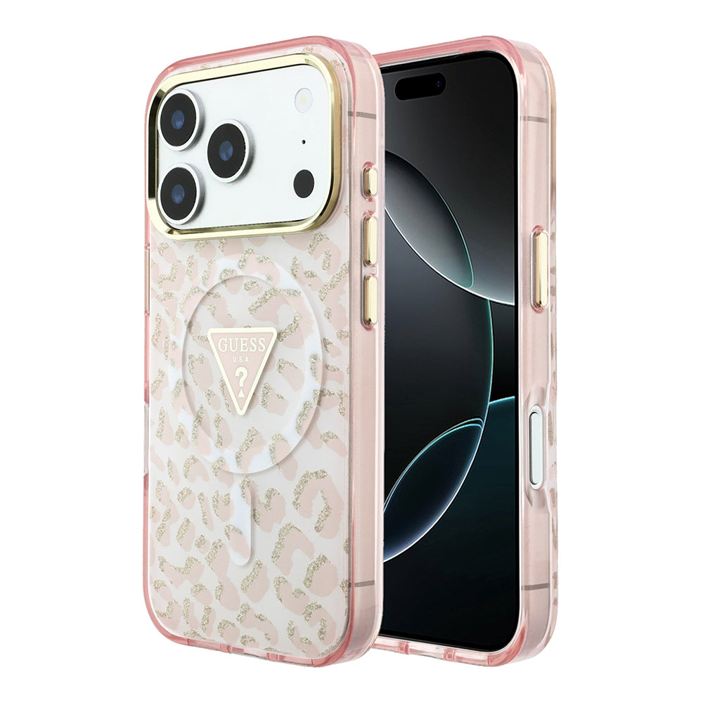 Apple iPhone 18 Pro Max Kılıf Guess Orjinal Lisanslı M-safe Şarj Özellikli Üçgen Logolu Simli Leopar Desenli Kapak