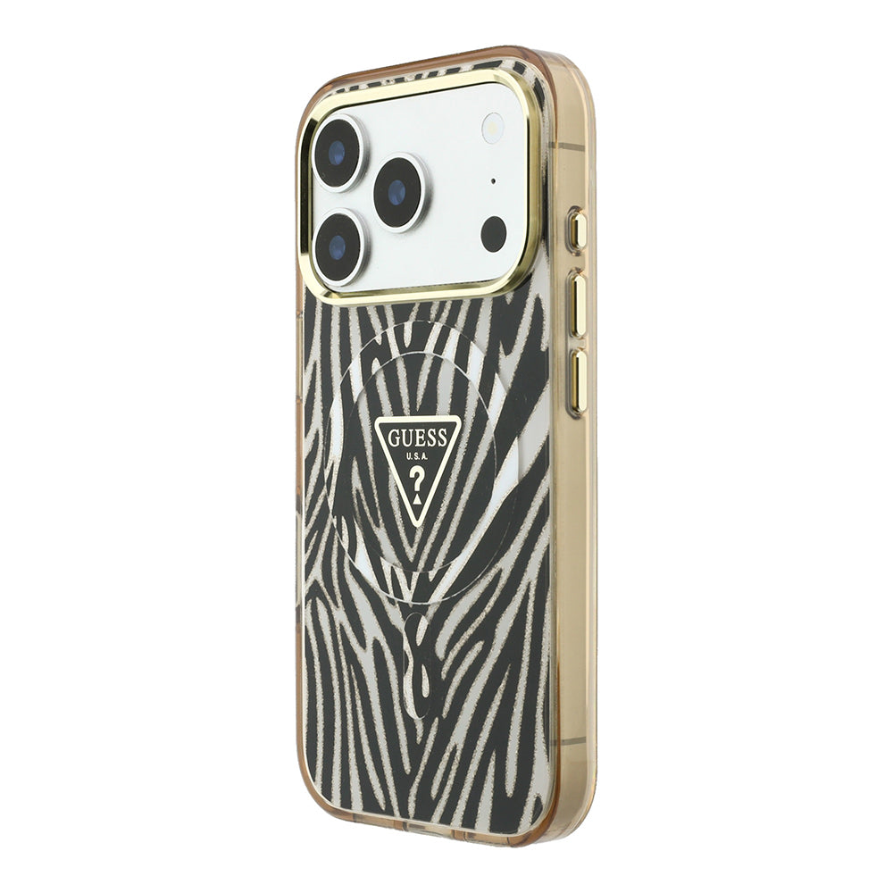 Apple iPhone 18 Pro Max Kılıf Guess Orjinal Lisanslı M-safe Şarj Özellikli Üçgen Logolu Zebra Desenli Silikon Kapak