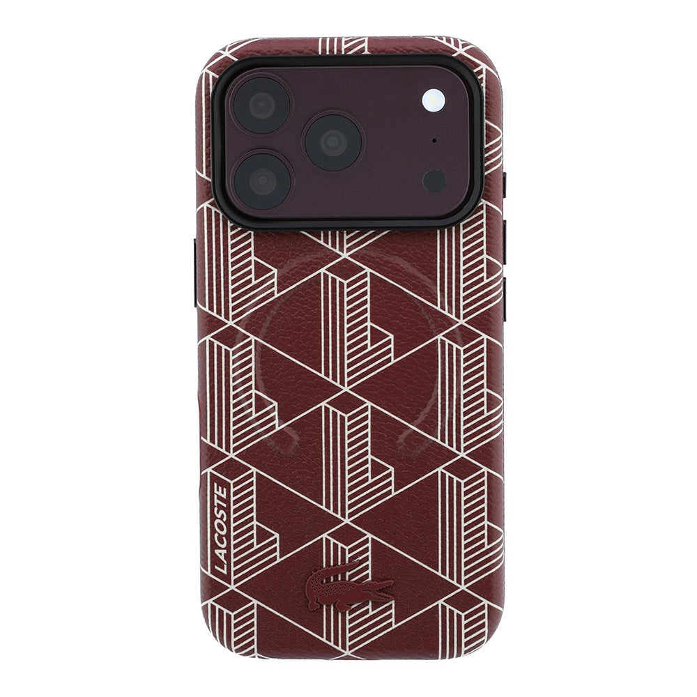 Apple iPhone 18 Pro Max Kılıf Lacoste Orjinal Lisanslı M-safe Şarj Özellikli Metal Logolu Deri Karışık Monogram Desenli Kapak