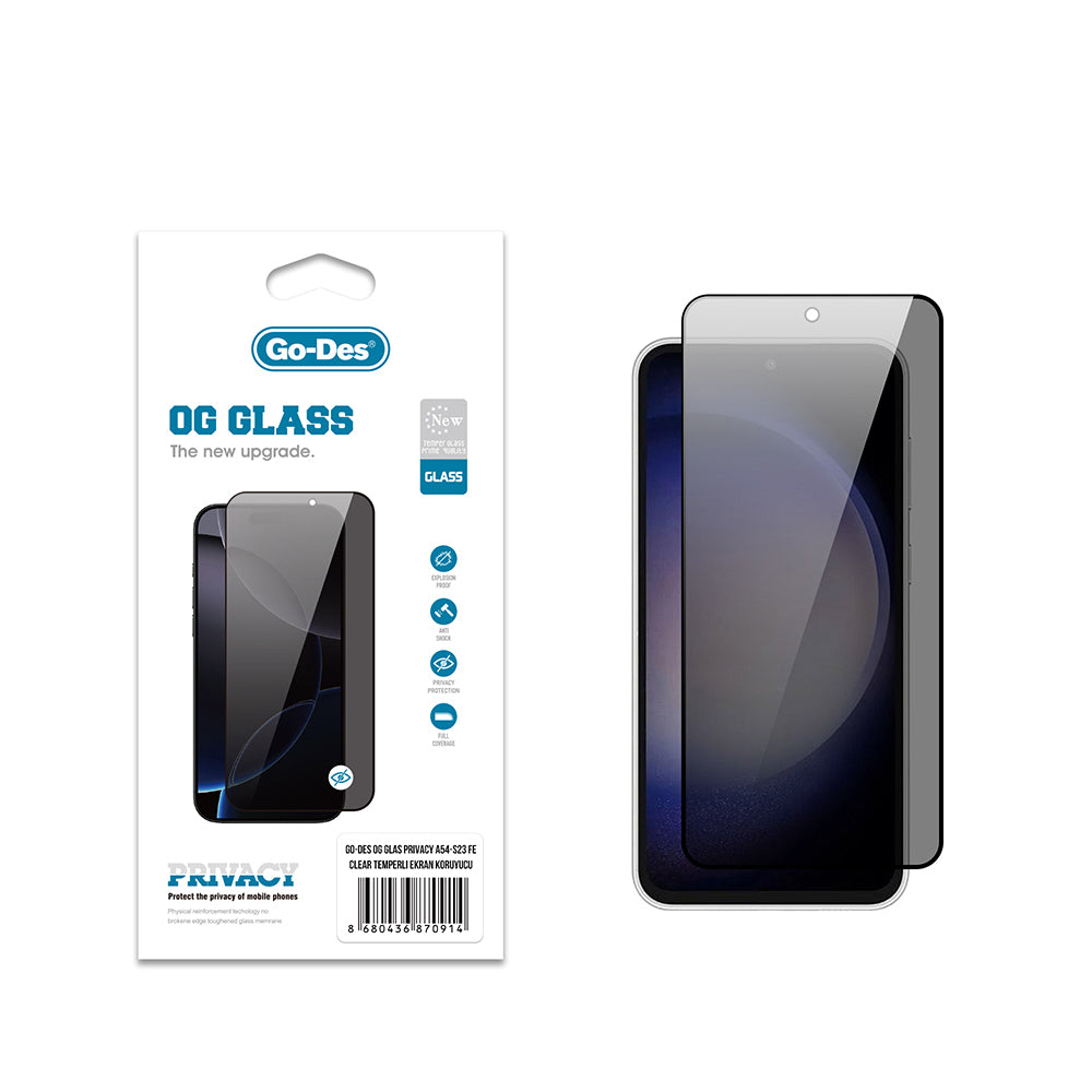 Galaxy S23 FE Go Des OG Glass Privacy Antistatik Temperli Cam Ekran Koruyucu