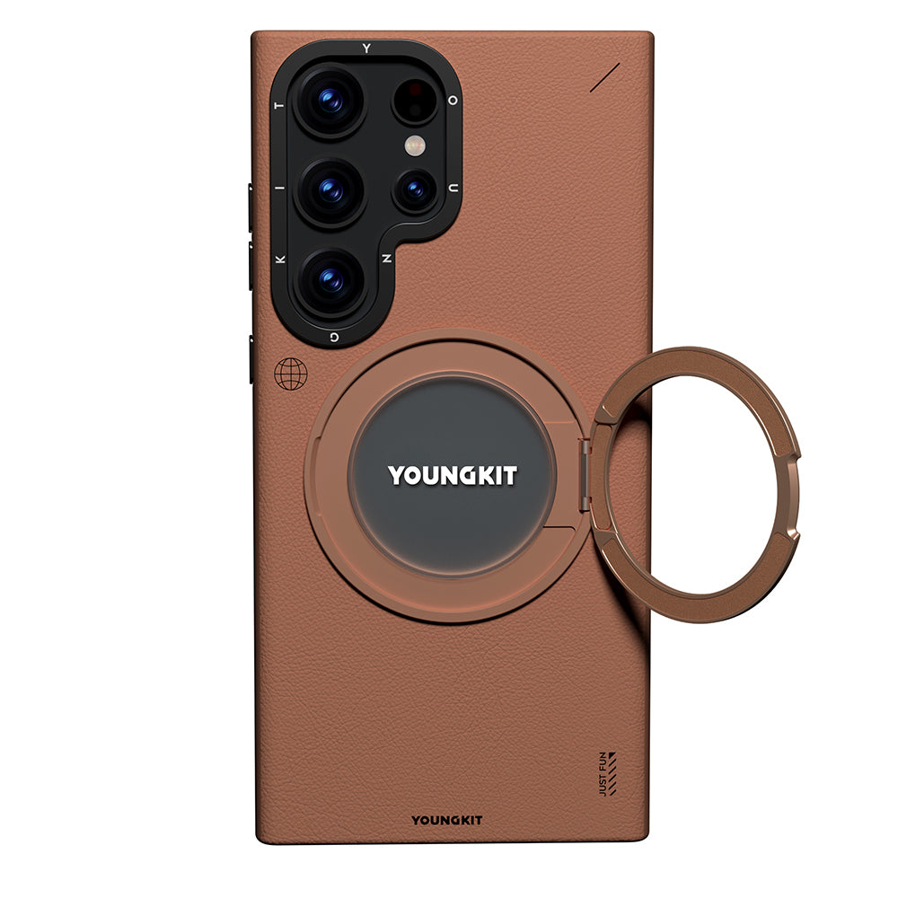 Galaxy S23 Ultra Kılıf M-safe Şarj Özellikli 360° Standlı Basit Mat Deri Desenli Youngkit Tech Leather Serisi Kapak