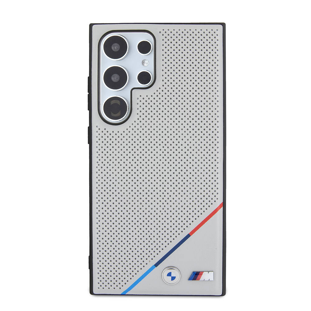 Galaxy S24 Ultra Kılıf BMW Orjinal Lisanslı M-safe Şarj Özellikli M Logolu Üç Çizgili Delikli Deri Kapak